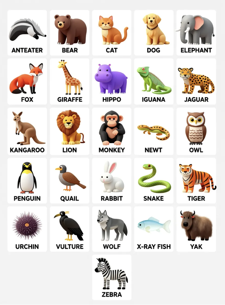 26 Animals A-Z Grid